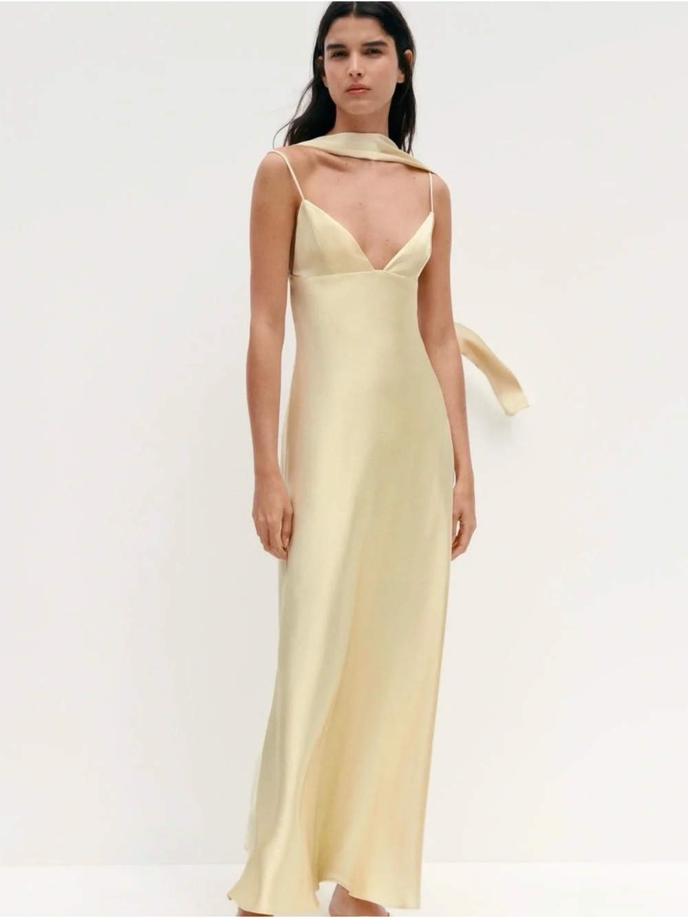 Elegant Butter Yellow Slip Maxi Dress with Neck Scarf